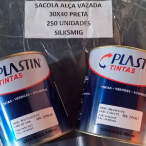 Sacola Alça Vazada 30X40 Branca pacote com 250 Unidades + Tinta para Sacola Preta PE (Plastin) 900ml + Solvente 900ml (Plastin)